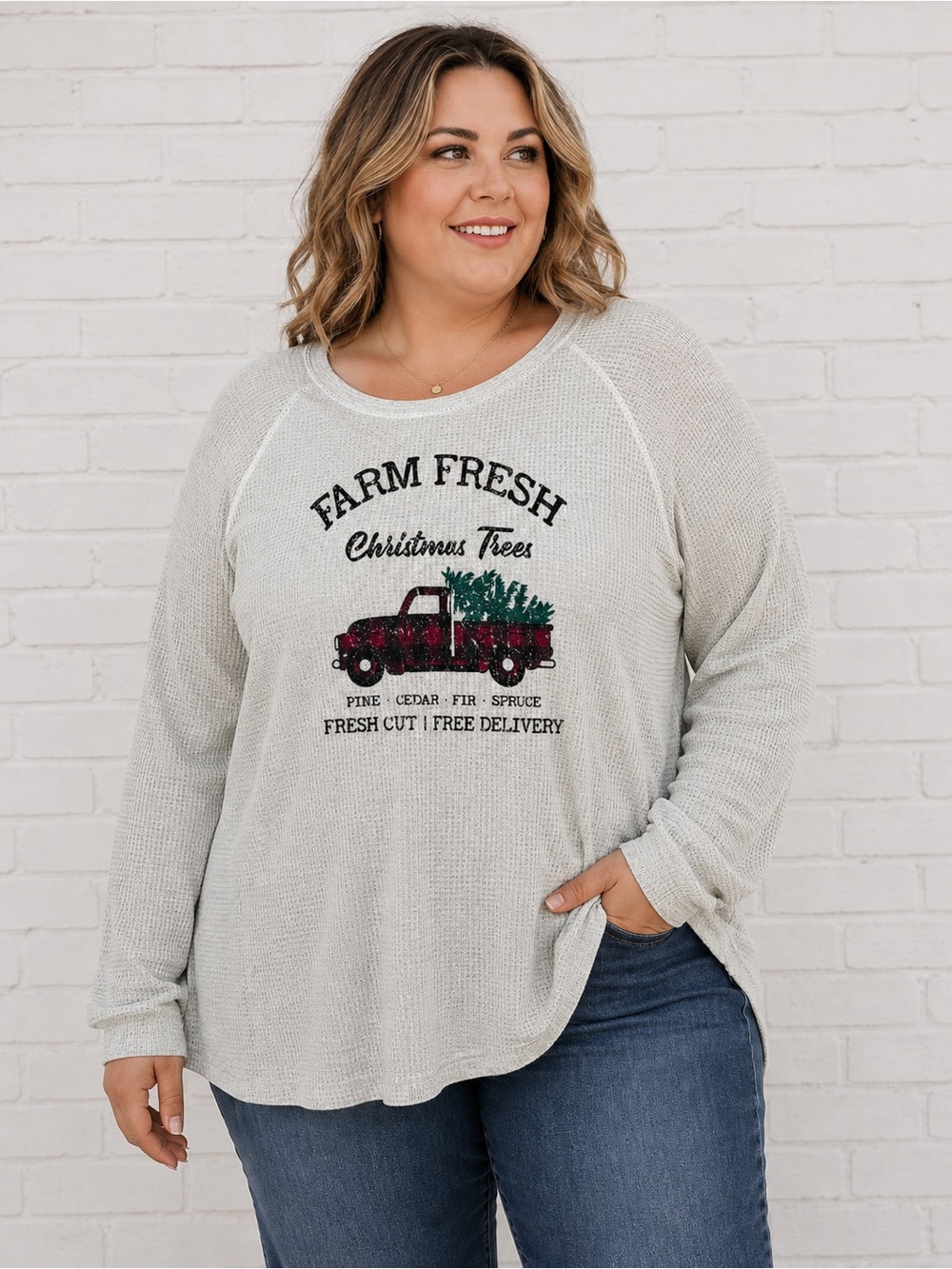 Natural Reflections Waffle Weave Farm Fresh Christmas Trees Long Sleeve Top 2X